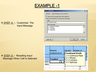 EXAMPLE -1
 STEP -5 :- Customise The
Input Message
 STEP -5 :- Resulting Input
Message When Cell Is Selected
19
 