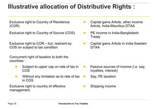 Introduction to Tax TreatiesPage 35
Illustrative allocation of Distributive Rights :
Exclusive right to Country of Residence
(COR)
► Capital gains Article, other income
Article, India-Mauritius DTAA
Exclusive right to Country of Source (COS) ► PE income in India-Bangladesh
Treaty
Exclusive right to COR – but, restraint by
COS on subject to tax condition
► Capital gains Article in India-Sweden
DTAA
Concurrent right of taxation to both the
countries :
► Subject to upper cap on rate of tax in
COS
► Passive sources of income (i.e. say,
royalties, interest)
► Without any limitation as to rate of tax
in COS
► Say, PE taxation
Exclusive right to country of effective
management
► Shipping income
 