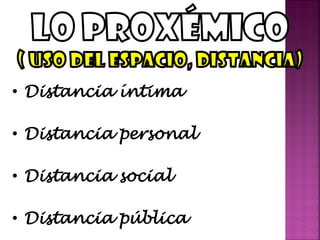 • Distancia íntima
• Distancia personal
• Distancia social
• Distancia pública
 