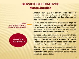 SERVICIOS EDUCATIVOS
                   Marco Jurídico
                        Artículo 16º.- (...) no podrán condicionar la
                        atención de los reclamos formulados por los
                        usuarios, ni la evaluación de los alumnos, al
                        pago de las pensiones. (...)

            LEY 26549   Los usuarios no podrán ser obligados al pago de
 LEY DE LOS CENTROS     sumas o recargos por conceptos diferentes de
EDUCATIVOS PRIVADOS     los establecidos en esta Ley. Tampoco podrán
                        ser obligados a efectuar el pago de una o más
                        pensiones mensuales adelantadas (...)
                        Tampoco podrán ser obligados a presentar el total
                        de útiles escolares al inicio del año escolar; ni a
      DERECHOS          adquirir uniformes y/o materiales o útiles
      ECONÓMICOS        educativos en establecimientos señalados con
                        exclusividad por los centros educativos.
                        Sólo por resolución de la autoridad competente del
                        Ministerio de Educación se autorizan cuotas
                        extraordinarias, previa verificación de los motivos
                        que dieren lugar a éstas.
                                                                          62
 