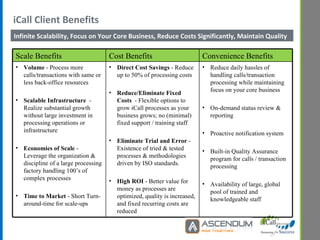 iCall Client Benefits Infinite Scalability, Focus on Your Core Business, Reduce Costs Significantly, Maintain Quality Scale Benefits   Cost Benefits   Convenience Benefits   Volume  - Process more calls/transactions with same or less back-office resources Scalable Infrastructure  - Realize substantial growth without large investment in processing operations or infrastructure Economies of Scale  - Leverage the organization & discipline of a large processing factory handling 100’s of complex processes Time to Market  - Short Turn-around-time for scale-ups Direct Cost Savings  - Reduce up to 50% of processing costs Reduce/Eliminate Fixed Costs  - Flexible options to grow iCall processes as your business grows; no (minimal) fixed support / training staff Eliminate Trial and Error  - Existence of tried & tested processes & methodologies driven by ISO standards. High ROI  - Better value for money as processes are optimized, quality is increased, and fixed recurring costs are reduced Reduce daily hassles of handling calls/transaction processing while maintaining focus on your core business On-demand status review & reporting Proactive notification system Built-in Quality Assurance program for calls / transaction processing Availability of large, global pool of trained and knowledgeable staff 