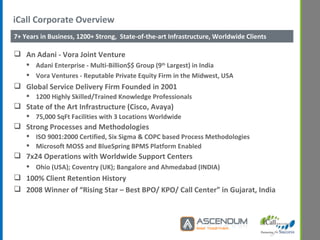 iCall Corporate Overview An Adani - Vora Joint Venture Adani Enterprise - Multi-Billion$$ Group (9 th  Largest) in India Vora Ventures - Reputable Private Equity Firm in the Midwest, USA  Global Service Delivery Firm Founded in 2001 1200 Highly Skilled/Trained Knowledge Professionals State of the Art Infrastructure (Cisco, Avaya)  75,000 SqFt Facilities with 3 Locations Worldwide Strong Processes and Methodologies ISO 9001:2000 Certified, Six Sigma & COPC based Process Methodologies  Microsoft MOSS and BlueSpring BPMS Platform Enabled 7x24 Operations with Worldwide Support Centers Ohio (USA); Coventry (UK); Bangalore and Ahmedabad (INDIA) 100% Client Retention History 2008 Winner of “Rising Star – Best BPO/ KPO/ Call Center” in Gujarat, India 7+ Years in Business, 1200+ Strong,  State-of-the-art Infrastructure, Worldwide Clients  
