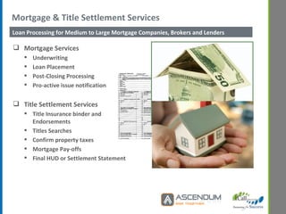 Mortgage & Title Settlement Services Mortgage Services Underwriting Loan Placement  Post-Closing Processing  Pro-active issue notification  Title Settlement Services Title Insurance binder and Endorsements  Titles Searches   Confirm property taxes   Mortgage Pay-offs Final HUD or Settlement Statement  Loan Processing for Medium to Large Mortgage Companies, Brokers and Lenders 