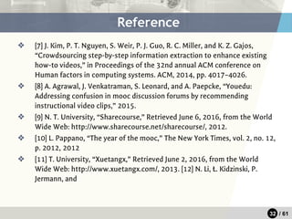 32 / 61
❖ [7] J. Kim, P. T. Nguyen, S. Weir, P. J. Guo, R. C. Miller, and K. Z. Gajos,
“Crowdsourcing step-by-step information extraction to enhance existing
how-to videos,” in Proceedings of the 32nd annual ACM conference on
Human factors in computing systems. ACM, 2014, pp. 4017–4026.
❖ [8] A. Agrawal, J. Venkatraman, S. Leonard, and A. Paepcke, “Youedu:
Addressing confusion in mooc discussion forums by recommending
instructional video clips,” 2015.
❖ [9] N. T. University, “Sharecourse,” Retrieved June 6, 2016, from the World
Wide Web: http://www.sharecourse.net/sharecourse/, 2012.
❖ [10] L. Pappano, “The year of the mooc,” The New York Times, vol. 2, no. 12,
p. 2012, 2012
❖ [11] T. University, “Xuetangx,” Retrieved June 2, 2016, from the World
Wide Web: http://www.xuetangx.com/, 2013. [12] N. Li, Ł. Kidzinski, P.
Jermann, and
Reference
 