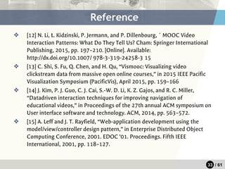 33 / 61
❖ [12] N. Li, Ł. Kidzinski, P. Jermann, and P. Dillenbourg, ´ MOOC Video
Interaction Patterns: What Do They Tell Us? Cham: Springer International
Publishing, 2015, pp. 197–210. [Online]. Available:
http://dx.doi.org/10.1007/ 978-3-319-24258-3 15
❖ [13] C. Shi, S. Fu, Q. Chen, and H. Qu, “Vismooc: Visualizing video
clickstream data from massive open online courses,” in 2015 IEEE Pacific
Visualization Symposium (PacificVis), April 2015, pp. 159–166
❖ [14] J. Kim, P. J. Guo, C. J. Cai, S.-W. D. Li, K. Z. Gajos, and R. C. Miller,
“Datadriven interaction techniques for improving navigation of
educational videos,” in Proceedings of the 27th annual ACM symposium on
User interface software and technology. ACM, 2014, pp. 563–572.
❖ [15] A. Leff and J. T. Rayfield, “Web-application development using the
model/view/controller design pattern,” in Enterprise Distributed Object
Computing Conference, 2001. EDOC ’01. Proceedings. Fifth IEEE
International, 2001, pp. 118–127.
Reference
 