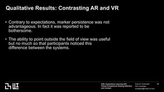 EVA: Exploratory Learning with
Virtual Companions Sharing Attention
and Context
Scott W. Greenwald
PhD Candidate
scottgwald@media.mit.edu
47
Qualitative Results: Contrasting AR and VR
• Contrary to expectations, marker persistence was not
advantageous. In fact it was reported to be
bothersome.
• The ability to point outside the field of view was useful
but no much so that participants noticed this
difference between the systems.
 