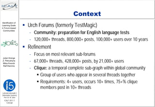 Context
                          Urch Forums (formerly TestMagic)
 Identification of
 Learning Goals
in Forum-based

                            - Community: preparation for English language tests
  Communities



                            - 120,000+ threads, 800,000+ posts, 100,000+ users over 10 years
                          Refinement
                            - Focus on most relevant sub-forums
 Julian Krenge
 Z. Petrushyna
 Milos Kravcik
                            - 67,000+ threads, 428,000+ posts, by 21,000+ users
                            - Clique: a temporal complete sub-graph within global community
 Ralf Klamma



                                Group of users who appear in several threads together
                                Requirements: 4+ users, occurs 10+ times, 75+% clique
                                  members post in 10+ threads
Lehrstuhl Informatik 5
(Information Systems)
   Prof. Dr. M. Jarke
   ICALT 2011-7
     Concept
 