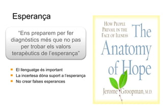 Esperança El llenguatge és important La incertesa dóna suport a l’esperança No crear falses esperances “ Ens preparem per fer diagnòstics més que no pas per trobar els valors terapèutics de l’esperança” 