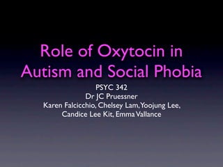 Role of Oxytocin in
Autism and Social Phobia
                  PSYC 342
               Dr JC Pruessner
  Karen Falcicchio, Chelsey Lam,Yoojung Lee,
       Candice Lee Kit, Emma Vallance
 