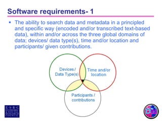 Software requirements- 1 The ability to search data and metadata in a principled and specific way (encoded and/or transcribed text-based data), within and/or across the three global domains of data; devices/ data type(s), time and/or location and participants/ given contributions. 
