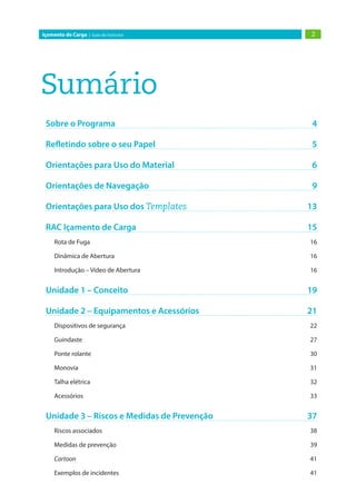 2Içamento de Carga | Guia do Instrutor
Sumário
Sobre o Programa	 4
Refletindo sobre o seu Papel 	 5
Orientações para Uso do Material	 6
Orientações de Navegação	 9
Orientações para Uso dos Templates	 13
RAC Içamento de Carga	 15
Rota de Fuga	 16
Dinâmica de Abertura	 16
Introdução – Vídeo de Abertura	 16
Unidade 1 – Conceito	 19
Unidade 2 – Equipamentos e Acessórios	 21
Dispositivos de segurança	 22
Guindaste	27
Ponte rolante	 30
Monovia	31
Talha elétrica	 32
Acessórios	33
Unidade 3 – Riscos e Medidas de Prevenção	 37
Riscos associados	 38
Medidas de prevenção	 39
Cartoon	41
Exemplos de incidentes	 41
 
