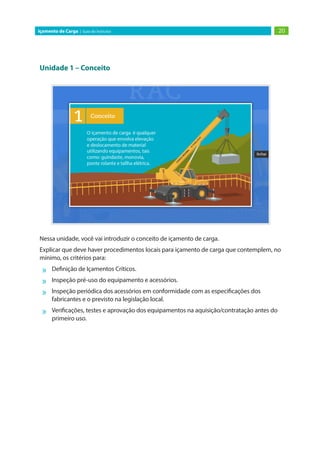 20Içamento de Carga | Guia do Instrutor
Unidade 1 – Conceito
Nessa unidade, você vai introduzir o conceito de içamento de carga.
Explicar que deve haver procedimentos locais para içamento de carga que contemplem, no
mínimo, os critérios para:
»» Definição de Içamentos Críticos.
»» Inspeção pré-uso do equipamento e acessórios.
»» Inspeção periódica dos acessórios em conformidade com as especificações dos
fabricantes e o previsto na legislação local.
»» Verificações, testes e aprovação dos equipamentos na aquisição/contratação antes do
primeiro uso.
 