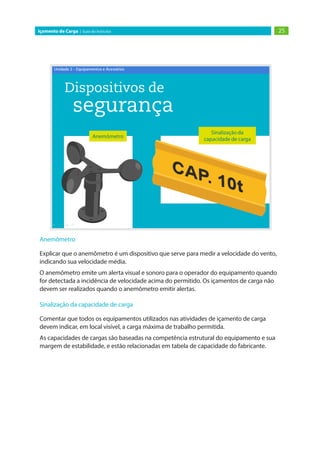 25Içamento de Carga | Guia do Instrutor
Anemômetro
Explicar que o anemômetro é um dispositivo que serve para medir a velocidade do vento,
indicando sua velocidade média.
O anemômetro emite um alerta visual e sonoro para o operador do equipamento quando
for detectada a incidência de velocidade acima do permitido. Os içamentos de carga não
devem ser realizados quando o anemômetro emitir alertas.
Sinalização da capacidade de carga
Comentar que todos os equipamentos utilizados nas atividades de içamento de carga
devem indicar, em local visível, a carga máxima de trabalho permitida.
As capacidades de cargas são baseadas na competência estrutural do equipamento e sua
margem de estabilidade, e estão relacionadas em tabela de capacidade do fabricante.
 
