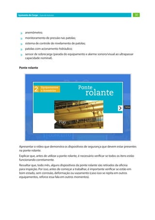 30Içamento de Carga | Guia do Instrutor
»» anemômetro;
»» monitoramento de pressão nas patolas;
»» sistema de controle de nivelamento de patolas;
»» patolas com acionamento hidráulico;
»» sensor de sobrecarga (parada do equipamento e alarme sonoro/visual ao ultrapassar
capacidade nominal).
Ponte rolante
Apresentar o vídeo que demonstra os dispositivos de segurança que devem estar presentes
na ponte rolante.
Explicar que, antes de utilizar a ponte rolante, é necessário verificar se todos os itens estão
funcionando corretamente.
Ressaltar que, todo mês, alguns dispositivos da ponte rolante são retirados da oficina
para inspeção. Por isso, antes de começar a trabalhar, é importante verificar se estão em
bom estado, sem corrosão, deformação ou vazamento (caso isso se repita em outros
equipamentos, reforce essa fala em outros momentos).
 