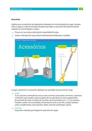 33Içamento de Carga | Guia do Instrutor
Acessórios
Explicar que os acessórios são dispositivos utilizados em movimentação de cargas, situados
entre a carga e o cabo de elevação. Ressaltar que todos os acessórios de içamento devem
respeitar as recomendações a seguir:
»» Possuir em seu corpo a descrição de capacidade de carga.
»» Trazer a indicação de carga máxima admissível permitida para o trabalho.
A seguir, apresentar os acessórios utilizados nas atividades de içamento de carga:
»» Linga
É um conjunto constituído de uma ou mais correntes conectadas a terminais, superiores
e inferiores, para acoplar cargas ao ganho de um guindaste ou outro equipamento
de içamento de carga. As lingas de correntes são encontradas com 1, 2, 3 ou 4 pernas.
Também, podem ser encontradas em formato de cesto e sem fim, as quais recebem
vários complementos como ganchos, olhais, anéis de sustentação e garras.
»» Corrente
Dispositivo utilizado para fixação em içamento de cargas.
 