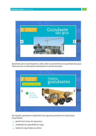 29
Içamento de Carga | Guia do Instrutor
Apresentar para os participantes o vídeo sobre as características do guindaste tipo grua.
Pedir para que os participantes destaquem os pontos principais.
Em seguida, apresentar os dispositivos de segurança presentes em outros tipos
de guindaste:
»
» gancho com travas de segurança;
»
» sinalização da capacidade de carga;
»
» tabela de carga fixada na cabine;
 