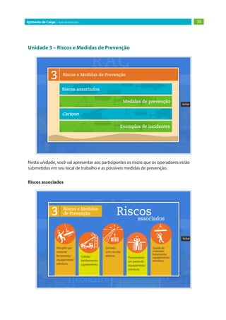 38
Içamento de Carga | Guia do Instrutor
Unidade 3 – Riscos e Medidas de Prevenção
Nesta unidade, você vai apresentar aos participantes os riscos que os operadores estão
submetidos em seu local de trabalho e as possíveis medidas de prevenção.
Riscos associados
 