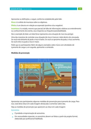 39
Içamento de Carga | Guia do Instrutor
Apresentar as definições, a seguir, conforme estabelecido pela Vale:
Risco: é o efeito da incerteza sobre os objetivos.
Efeito: é um desvio em relação ao esperado (positivo e/ou negativo)
Incerteza: é o estado, mesmo que parcial, de falta de informações relativas ao entendimento
ou conhecimento do evento, seus impactos ou frequência/probabilidade.
Dar o exemplo do leão: um leão feroz representa uma situação de risco (ou perigo).
Uma das maneiras de controlar essa situação de risco é trancar o leão dentro de uma jaula.
Se você está distante da jaula o risco é baixo. Se você se aproxima da jaula, o risco aumenta.
Se você entra na jaula o risco é maior.
Pedir que os participantes falem de alguns exemplos sobre riscos com atividades de
içamento de carga e, em seguida, apresente o conteúdo.
Medidas de prevenção
	
Apresentar aos participantes algumas medidas de prevenção para içamento de carga. Para
isso, você deve clicar em cada imagem destacada e comentar sobre elas.
Veja as medidas de prevenção que aparecem ao clicar em cada imagem:
Acessórios
»
» É proibida a improvisação de acessórios.
»
» Em necessidades especiais, os acessórios devem ser feitos a partir de projeto formal,
elaborado por profissional habilitado.
 