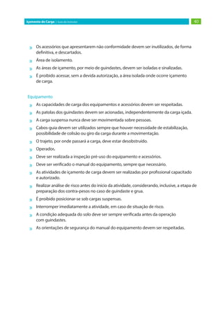 40
Içamento de Carga | Guia do Instrutor
»
» Os acessórios que apresentarem não conformidade devem ser inutilizados, de forma
definitiva, e descartados.
»
» Área de isolamento.
»
» As áreas de içamento, por meio de guindastes, devem ser isoladas e sinalizadas.
»
» É proibido acessar, sem a devida autorização, a área isolada onde ocorre içamento
de carga.
Equipamento
»
» As capacidades de carga dos equipamentos e acessórios devem ser respeitadas.
»
» As patolas dos guindastes devem ser acionadas, independentemente da carga içada.
»
» A carga suspensa nunca deve ser movimentada sobre pessoas.
»
» Cabos-guia devem ser utilizados sempre que houver necessidade de estabilização,
possibilidade de colisão ou giro da carga durante a movimentação.
»
» O trajeto, por onde passará a carga, deve estar desobstruído.
»
» Operador.
»
» Deve ser realizada a inspeção pré-uso do equipamento e acessórios.
»
» Deve ser verificado o manual do equipamento, sempre que necessário.
»
» As atividades de içamento de carga devem ser realizadas por profissional capacitado
e autorizado.
»
» Realizar análise de risco antes do início da atividade, considerando, inclusive, a etapa de
preparação dos contra-pesos no caso de guindaste e grua.
»
» É proibido posicionar-se sob cargas suspensas.
»
» Interromper imediatamente a atividade, em caso de situação de risco.
»
» A condição adequada do solo deve ser sempre verificada antes da operação
com guindastes.
»
» As orientações de segurança do manual do equipamento devem ser respeitadas.
 