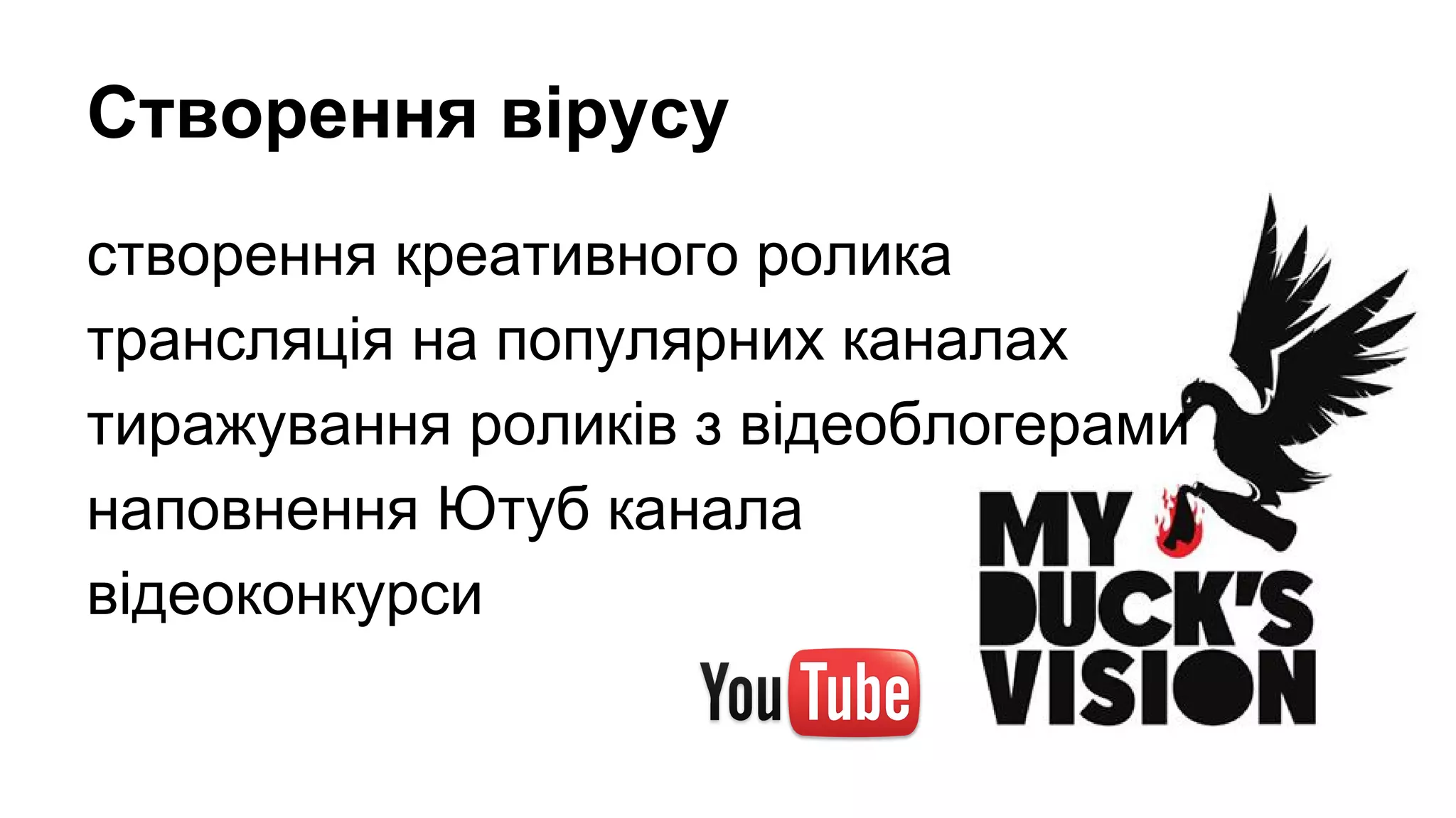 Створення вірусу
створення креативного ролика
трансляція на популярних каналах
тиражування роликів з відеоблогерами
наповнення Ютуб канала
відеоконкурси

 