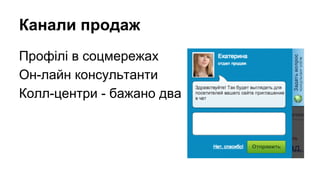 Канали продаж
Профілі в соцмережах
Он-лайн консультанти
Колл-центри - бажано два

 