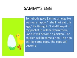 SAMMY’S EGG
Somebody gave Sammy an egg. He
was very happy. “I shall not eat this
egg,” he thought. “I shall keep it in
my pocket. It will be warm there.
Soon it will become a chicken. The
chicken will become a hen. The hen
will lay some eggs. The eggs will
become
 