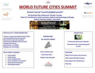 WORLD FUTURE CITIES SUMMIT
Toronto’s annual “summit of global summits”
Six top Smart City conferences: Canada + Europe
“How To” transform for social, economic, political and technology challenges
Mayors, business leaders, researchers
INTRODUCING:
The SUCCESS LADDER
How to advance your
Community with a
Progress map and guide
Smart Applications on
Virtual Infrastructures
Global Environment for
Network Innovations
Next-generation Internet
Applications for America
Municipal Information
Systems Association
13-15 October, 2015
PRACTICAL GET-IT-DONE INFORMATION
“How to” Lessons learned from Future Cities
Innovative policies that drive growth
New tool for community evolution
How Small and Medium Cities can start
Funding: New sources
Government: U.S. IGNITE
Merging new technologies
AWARDS GALA
Community iPerformance Awards!
50 awards to best community apps &
services
TOTAL SUBJECT COVERAGE
 Smart Health
 Smart Energy
 Smart Transportation
 Social and Business Innovation
 Sustainable Development
 Harvesting Analytics
FEATURING
Mayors from Europe, Asia, America
India’s Smart 100 Cities Program
New Global Smart City Research
Financing
 