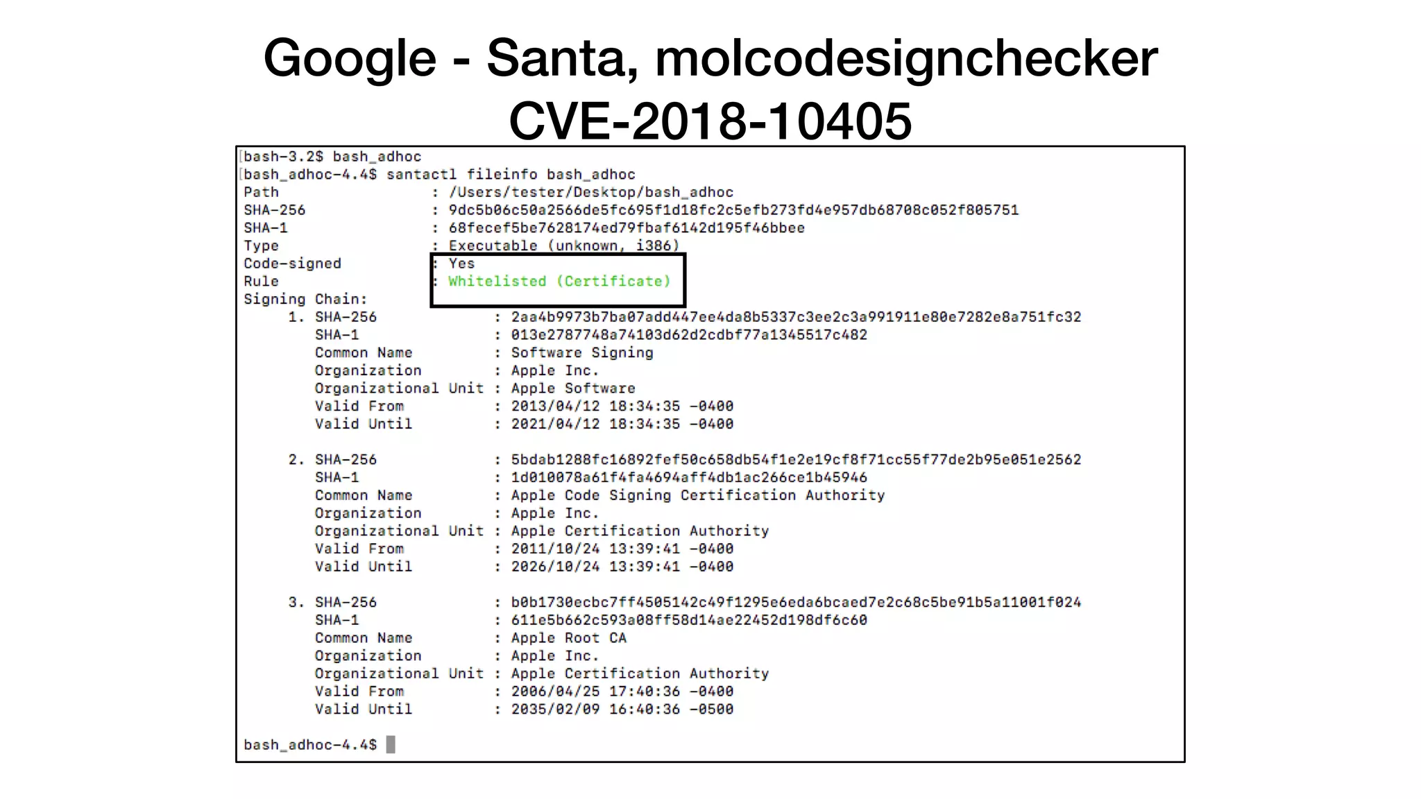 Google - Santa, molcodesignchecker
CVE-2018-10405
 
