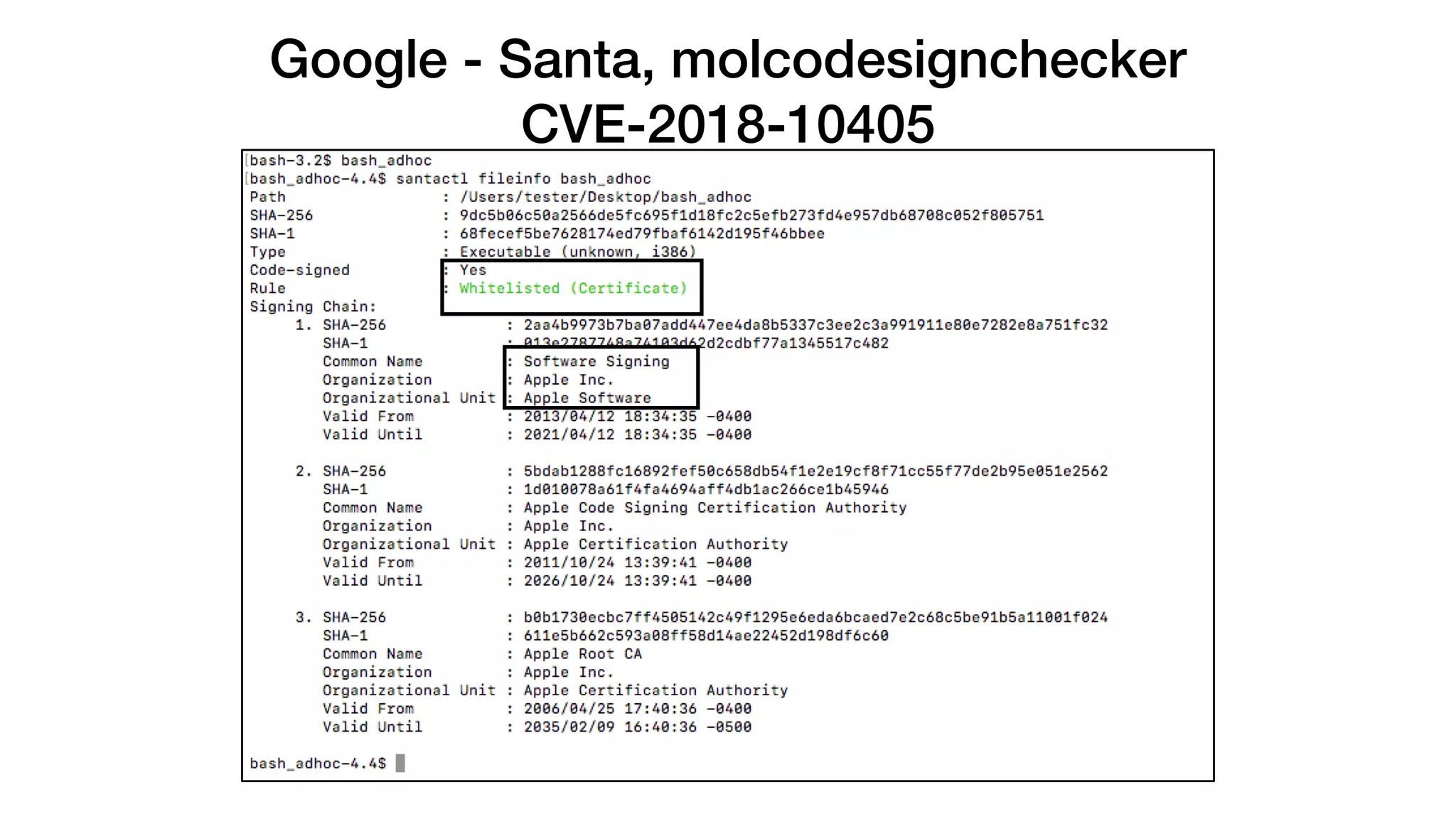 Google - Santa, molcodesignchecker
CVE-2018-10405
 