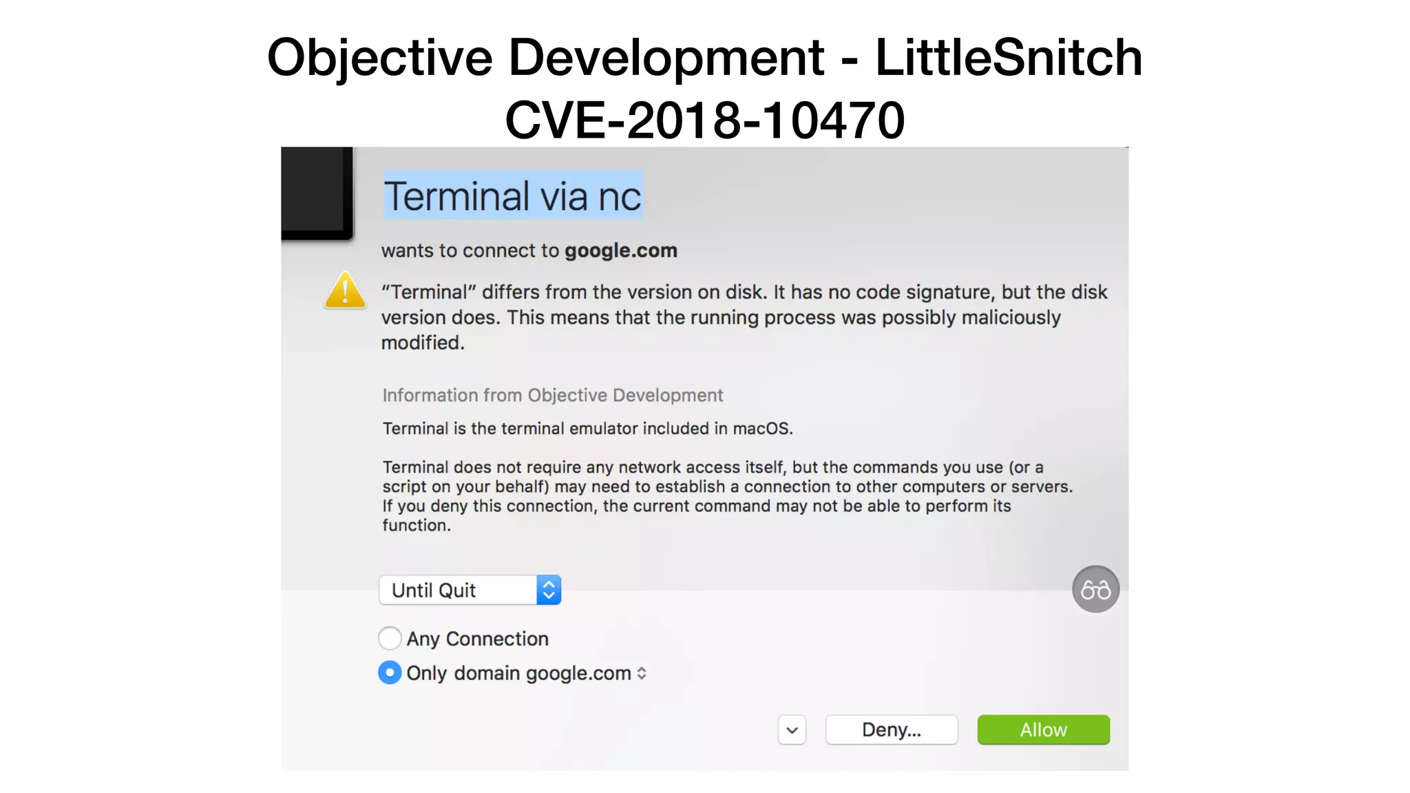 Objective Development - LittleSnitch
CVE-2018-10470
 