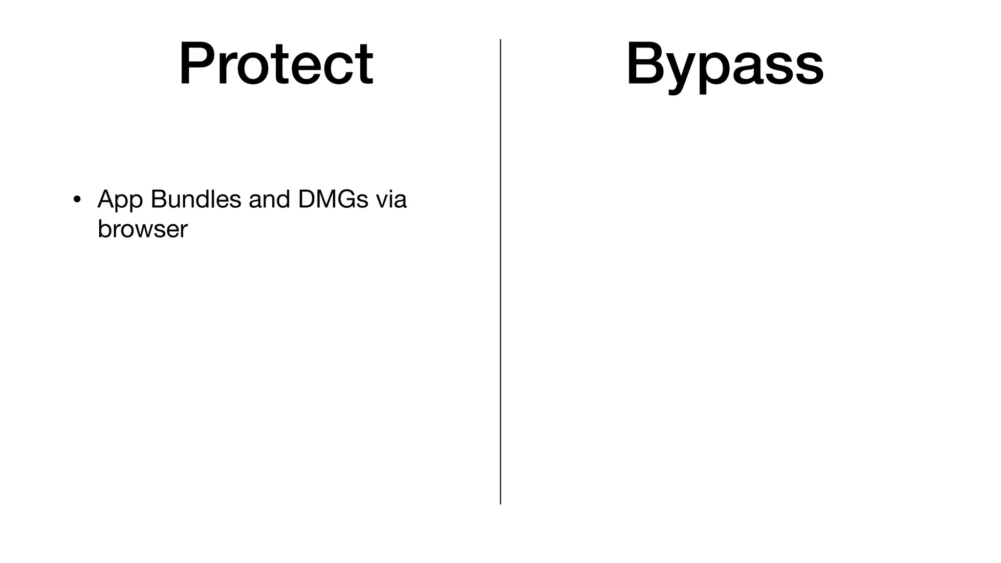 Protect
• App Bundles and DMGs via
browser
Bypass
 