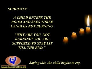 SUDDENLY...
A CHILD ENTERS THE
ROOM AND SEES THREE
CANDLES NOT BURNING.
”WHY ARE YOU NOT
BURNING? YOU ARE
SUPPOSED TO STAY LIT
TILL THE END."
Saying this, the child begins to cry.
 
