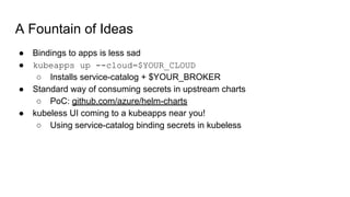 ● Bindings to apps is less sad
● kubeapps up --cloud=$YOUR_CLOUD
○ Installs service-catalog + $YOUR_BROKER
● Standard way of consuming secrets in upstream charts
○ PoC: github.com/azure/helm-charts
● kubeless UI coming to a kubeapps near you!
○ Using service-catalog binding secrets in kubeless
A Fountain of Ideas
 