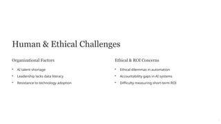 Human & Ethical Challenges
Organizational Factors
• AI talent shortage
• Leadership lacks data literacy
• Resistance to technology adoption
Ethical & ROI Concerns
• Ethical dilemmas in automation
• Accountability gaps in AI systems
• Difficulty measuring short-term ROI
 