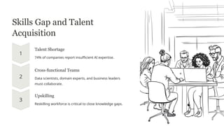 Skills Gap and Talent
Acquisition
Talent Shortage
74% of companies report insufficient AI expertise.
Cross-functional Teams
Data scientists, domain experts, and business leaders
must collaborate.
Upskilling
Reskilling workforce is critical to close knowledge gaps.
 