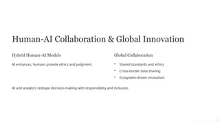 Human-AI Collaboration & Global Innovation
Hybrid Human-AI Models
AI enhances, humans provide ethics and judgment.
Global Collaboration
• Shared standards and ethics
• Cross-border data sharing
• Ecosystem-driven innovation
AI and analytics reshape decision-making with responsibility and inclusion.
 