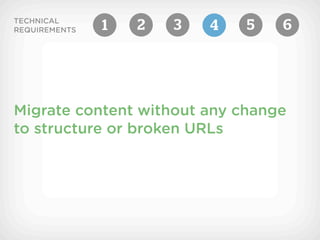 TECHNICAL
REQUIREMENTS   1   2   3   4   5   6




Migrate content without any change
to structure or broken URLs
 