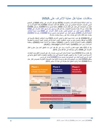 I C A N N‫اﺟﺗﻣﺎع‬ ‫أﻋﻣﺎل‬ ‫ﻣﻠﺧص‬ |ICANN‫رﻗم‬53‫أﻏﺳطس‬ |20153
‫ﻋﻠﻰ‬ ‫اﻹﺷراف‬ ‫ﻋﻣﻠﯾﺔ‬ ‫ﻧﻘل‬ ‫ﻋﻣﻠﯾﺔ‬ ‫ﻣﻧﺎﻗﺷﺎت‬IANA
‫ﻣﻧذ‬‫أﻋﻠﻧت‬) ‫واﻟﻣﻌﻠوﻣﺎت‬ ‫ﻟﻼﺗﺻﺎﻻت‬ ‫اﻟوطﻧﯾﺔ‬ ‫اﻟوﻛﺎﻟﺔ‬NTIA‫وظﺎﺋف‬ ‫ﻋﻠﻰ‬ ‫اﻹﺷراف‬ ‫ﻧﻘل‬ ‫ﻧﯾﺗﮭﺎ‬ (IANA‫اﻟﻣﺟﺗﻣﻊ‬ ‫إﻟﻰ‬
‫ﻣﺎرس‬ ‫ﻓﻲ‬ ‫اﻟﻣﺗﻌددﯾن‬ ‫اﻟﻣﺻﻠﺣﺔ‬ ‫ﻷﺻﺣﺎب‬ ‫اﻟدوﻟﻲ‬2014‫اﺟﺗﻣﺎﻋﺎت‬ ‫ﻛﺎﻧت‬ ‫ﻓﻘد‬ ،ICANN‫ﻣن‬ ‫ﻟﻣزﯾد‬ ‫اﻷھﻣﯾﺔ‬ ‫ﺑﺎﻟﻐﺔ‬
‫إﺷراف‬ ‫اﻧﺗﻘﺎل‬ ‫ﻋﻠﻰ‬ ‫ﺗﻌﻣل‬ ‫اﻟﺗﻲ‬ ‫اﻟﻣﺟﺗﻣﻌﺎت‬ ‫ﻣن‬ ‫اﻟﻌﻣل‬IANA‫ﻣﺳﺎءﻟﺔ‬ ‫ﺗﺣﺳﯾن‬ ‫وﻋﻣﻠﯾﺔ‬ICANN‫ﯾﻛن‬ ‫وﻟم‬ .ICANN
53‫ﻣﻊ‬ ،‫اﺳﺗﺛﻧﺎء‬11‫ﻣن‬ ‫ﻟﻛل‬ ‫ﻛﺎن‬ ‫وﻗد‬ .‫ﻟﻠﻌﻣﻠﯾﺎت‬ ‫ﻣﺧﺻﺻﺔ‬ ‫ﺟﻠﺳﺔ‬‫ﻋﻠﻰ‬ ‫اﻹﺷراف‬ ‫اﻧﺗﻘﺎل‬ ‫ﺗﻧﺳﯾق‬ ‫ﻋﻣل‬ ‫ﻓرﯾق‬IANA
) ‫أو‬ICG(‫و‬ ،‫ﻋﻠﻰ‬ ‫اﻹﺷراف‬ ‫ﻻﻧﺗﻘﺎل‬ ‫ﻣﻘﺗرح‬ ‫ﻟﺗطوﯾر‬ ‫اﻟﻣﺟﺗﻣﻊ‬ ‫ﻋﺑر‬ ‫اﻟﻌﻣل‬ ‫ﻓرﯾق‬IANA‫اﻟوظﺎﺋف‬ ‫ﺗﺳﻣﯾﺔ‬ ‫ﺣول‬
‫)إﺷراف‬ ‫اﻟﻣﺗﺻﻠﺔ‬CWG(‫و‬ ،‫ﻣﺳﺎءﻟﺔ‬ ‫ﺗﺣﺳﯾن‬ ‫ﺣول‬ ‫اﻟﻣﺟﺗﻣﻊ‬ ‫ﻋﺑر‬ ‫اﻟﻌﻣل‬ ‫ﻓرﯾق‬ICANN‫)ﻣﺳﺎءﻟﺔ‬ ‫أو‬CCWG(
.‫ﻣﺷﺎرﻛﺔ‬ ‫وﺟﻠﺳﺎت‬ ‫رﺳﻣﯾﺔ‬ ‫ﻏﯾر‬ ‫ﻋﺎﻣﺔ‬ ‫ﺟﻠﺳﺎت‬ ‫ﻋﻠﻰ‬ ‫ﻋﻼوة‬ ‫ﻛذﻟك‬ ‫ﻋﻣل‬ ‫ﺟﻠﺳﺎت‬
‫ﻓﻲ‬ICANN 53‫ﻹﺷراف‬ ‫اﻟﻧﮭﺎﺋﻲ‬ ‫اﻟﻣﻘﺗرح‬ ‫ﺗوﺟﯾﮫ‬ ‫إﻋﺎدة‬ ‫ﺗﻣت‬ ‫ﻓﻘد‬ ،CWG‫إﻟﻰ‬ ‫ﺑﺎﻟﺗﺳﻣﯾﺔ‬ ‫اﻟﻣﺗﻌﻠﻘﺔ‬ ‫اﻟوظﺎﺋف‬ ‫ﺣول‬
ICG‫اﻟﺣﻛوﻣﯾﺔ‬ ‫اﻻﺳﺗﺷﺎرﯾﺔ‬ ‫اﻟﻠﺟﻧﺔ‬ :‫اﻟﻔرﯾق‬ ‫ﻓﻲ‬ ‫اﻟﻣﺷﺎرﻛﺔ‬ ‫اﻟﺧﻣس‬ ‫اﻟﻣﻧظﻣﺎت‬ ‫طرف‬ ‫ﻣن‬ ‫ﻋﻠﯾﮫ‬ ‫ﺑﺎﻹﺟﻣﺎع‬ ‫اﻟﻣواﻓﻘﺔ‬ ‫ﺑﻌد‬
)GAC) ‫واﻻﺳﺗﻘرار‬ ‫ﻟﻸﻣﺎن‬ ‫اﻻﺳﺗﺷﺎرﯾﺔ‬ ‫واﻟﻠﺟﻧﺔ‬ ،(SSAC) ‫اﻟﻌﺎﻣﺔ‬ ‫اﻷﺳﻣﺎء‬ ‫دﻋم‬ ‫وﻣﻧظﻣﺔ‬ ،(GNSO‫وﻣﻧظﻣﺔ‬ ،(
) ‫اﻟدول‬ ‫رﻣوز‬ ‫أﺳﻣﺎء‬ ‫دﻋم‬ccNSO‫اﻻﺳﺗﺷﺎرﯾﺔ‬ ‫واﻟﻠﺟﻧﺔ‬ ،(At-Large) ‫أو‬ALAC.(
‫أﺗم‬ ‫وﻗد‬ICG‫ﻓﻘد‬ ‫ذﻟك‬ ‫ﻋﻠﻰ‬ ‫وﺑﻧﺎء‬ ،‫اﻷﺳﻣﺎء‬ ‫ﻟﻣﻘﺗرح‬ ‫ﺗﻘﯾﯾﻣﮫ‬ ‫ﺑﺎﻟﻔﻌل‬‫أﻋﻠن‬‫اﻧﺗﻘﺎل‬ ‫ﻣﻘﺗرح‬ ‫ﺣول‬ ‫اﻟﻌﺎم‬ ‫ﻟﻠﺗﻌﻠﯾق‬ ‫ﻧداء‬
‫ﻋﻠﻰ‬ ‫اﻹﺷراف‬IANA‫ﺳﯾﺗم‬ ‫واﻟذي‬ ،‫ﻏﺎﯾﺔ‬ ‫إﻟﻰ‬ ‫ﻓﺗﺣﮫ‬8‫ﺳﺑﺗﻣﺑر‬2015.
‫ﻣﺳﺎءﻟﺔ‬ ‫ﻋﻘدت‬ ‫وﻗد‬CCWG‫اﻟﻣﻛوﻧﺎت‬ ‫ﺣول‬ ‫ﻻﺗﻔﺎق‬ ‫اﻟوﺻول‬ ‫ﻋﻠﻰ‬ ‫رﻛز‬ ‫ﺑﻔرﻧﺳﺎ‬ ،‫ﺑﺎرﯾس‬ ‫ﻓﻲ‬ ً‫ا‬‫ﻣﺑﺎﺷر‬ ً‫ﺎ‬‫اﺟﺗﻣﺎﻋ‬ ً‫ا‬‫ﻣؤﺧر‬
‫اﻟﻌﻣل‬ ‫ﻟﻣﺳﺎر‬ ‫اﻷﺳﺎﺳﯾﺔ‬1.‫ﻓﻲ‬ ‫ﺑﺷﺄﻧﮭﺎ‬ ‫اﻟﻣﺗﻔق‬ ‫اﻟﺗﺎﻟﯾﺔ‬ ‫واﻟﺧطوات‬ ‫ﻣﻧﺎﻗﺷﺗﮭﺎ‬ ‫ﺗﻣت‬ ‫اﻟﺗﻲ‬ ‫اﻟرﺋﯾﺳﯾﺔ‬ ‫اﻟﻘﺿﺎﯾﺎ‬ ‫ﺗﻠﺧﯾص‬ ‫ﺗم‬ ‫وﻗد‬
‫ﻣﺳﺎءﻟﺔ‬ ‫ﺗﺣﺳﯾن‬ ‫ﺣول‬ ‫اﻟﻣﺟﺗﻣﻊ‬ ‫ﻋﺑر‬ ‫اﻟﻌﻣل‬ ‫ﻟﻔرﯾق‬ ‫اﻟرﺳﻣﻲ‬ ‫اﻟﺑﯾﺎن‬ICANN‫ﺑﺎرﯾس‬ ‫ﻓﻲ‬ ‫اﻟﺻﺎدر‬.
‫وﯾﺗﻠﻘﻰ‬CCWG‫ﻋﻣل‬ ‫إطﺎر‬ ‫ﺑﺧﺻوص‬ ‫اﻟﻣﻘﺗرﺣﺔ‬ ‫اﻟﺗﺣﺳﯾﻧﺎت‬ ‫ﺣول‬ ‫اﻟﺛﺎﻧﯾﺔ‬ ‫ﻣﺳودﺗﮫ‬ ‫ﻣﻘﺗرح‬ ‫ﺑﺷﺄن‬ ‫اﻟﻣﺟﺗﻣﻊ‬ ‫ردود‬ ً‫ﺎ‬‫ﺣﺎﻟﯾ‬
‫ﻣﺳﺎءﻟﺔ‬ICANN‫ﻓﺗرة‬ ‫أن‬ ‫ﻛﻣﺎ‬ .‫اﻟﻌﺎم‬ ‫اﻟﺗﻌﻠﯾق‬‫ﻏﺎﯾﺔ‬ ‫إﻟﻰ‬ ‫ﻣﻔﺗوﺣﺔ‬11‫ﺳﺑﺗﻣﺑر‬2015.
 