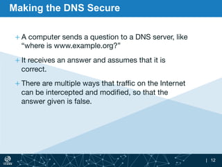 | 12
Making the DNS Secure
+ A computer sends a question to a DNS server, like
“where is www.example.org?”
+ It receives a...