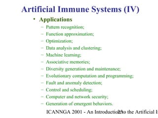 ICANNGA 2001 - An Introduction to the Artificial Im25
• Applications
– Pattern recognition;
– Function approximation;
– Optimization;
– Data analysis and clustering;
– Machine learning;
– Associative memories;
– Diversity generation and maintenance;
– Evolutionary computation and programming;
– Fault and anomaly detection;
– Control and scheduling;
– Computer and network security;
– Generation of emergent behaviors.
Artificial Immune Systems (IV)
 