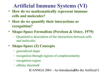 ICANNGA 2001 - An Introduction to the Artificial Im27
• How do we mathematically represent immune
cells and molecules?
• How do we quantify their interactions or
recognition?
• Shape-Space Formalism (Perelson & Oster, 1979)
– Quantitative description of the interactions between cells
and molecules
• Shape-Space (S) Concepts
– generalized shape
– recognition through regions of complementarity
– recognition region
– affinity threshold
Artificial Immune Systems (VI)
 