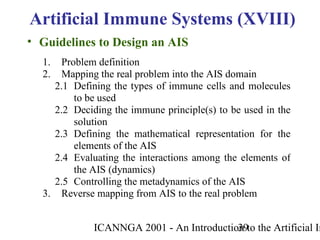ICANNGA 2001 - An Introduction to the Artificial Im39
• Guidelines to Design an AIS
Artificial Immune Systems (XVIII)
1. Problem definition
2. Mapping the real problem into the AIS domain
2.1 Defining the types of immune cells and molecules
to be used
2.2 Deciding the immune principle(s) to be used in the
solution
2.3 Defining the mathematical representation for the
elements of the AIS
2.4 Evaluating the interactions among the elements of
the AIS (dynamics)
2.5 Controlling the metadynamics of the AIS
3. Reverse mapping from AIS to the real problem
 