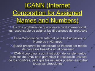 ICANN (Internet Corporation for Assigned Names and Numbers) ,[object Object],[object Object],[object Object],[object Object]