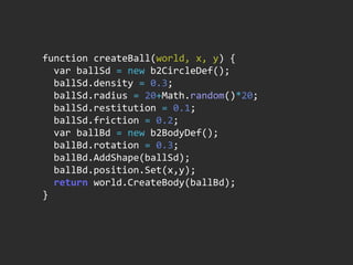 function  createBall(world,  x,  y)  {
    var  ballSd  =  new  b2CircleDef();
    ballSd.density  =  0.3;
    ballSd.radius  =  20+Math.random()*20;
    ballSd.restitution  =  0.1;
    ballSd.friction  =  0.2;
    var  ballBd  =  new  b2BodyDef();
    ballBd.rotation  =  0.3;
    ballBd.AddShape(ballSd);
    ballBd.position.Set(x,y);
    return  world.CreateBody(ballBd);
}
 