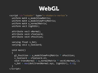 WebGL
<script  id="vshader"  type="x-­‐shader/x-­‐vertex">
    uniform  mat4  u_modelViewMatrix;
    uniform  mat4  u_modelViewProjMatrix;
    uniform  mat4  u_normalMatrix;
    uniform  vec3  lightDir;

    attribute  vec3  vNormal;
    attribute  vec4  vTexCoord;
    attribute  vec4  vPosition;
                
    varying  float  v_Dot;
    varying  vec2  v_texCoord;
                
    void  main()
    {
        gl_Position  =  u_modelViewProjMatrix  *  vPosition;
        v_texCoord  =  vTexCoord.st;
        vec4  transNormal  =  u_normalMatrix  *  vec4(vNormal,1);
        v_Dot  =  max(dot(transNormal.xyz,  lightDir),  0.0);
    }
</script>
 