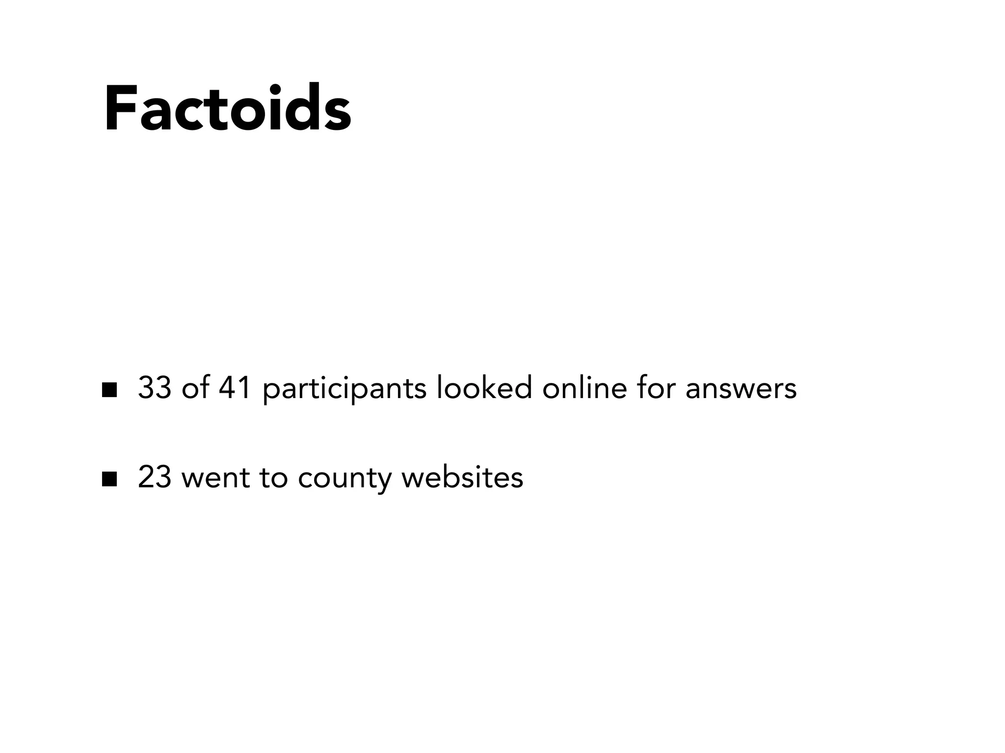 Factoids

33 of 41 participants looked online for answers
23 went to county websites

 