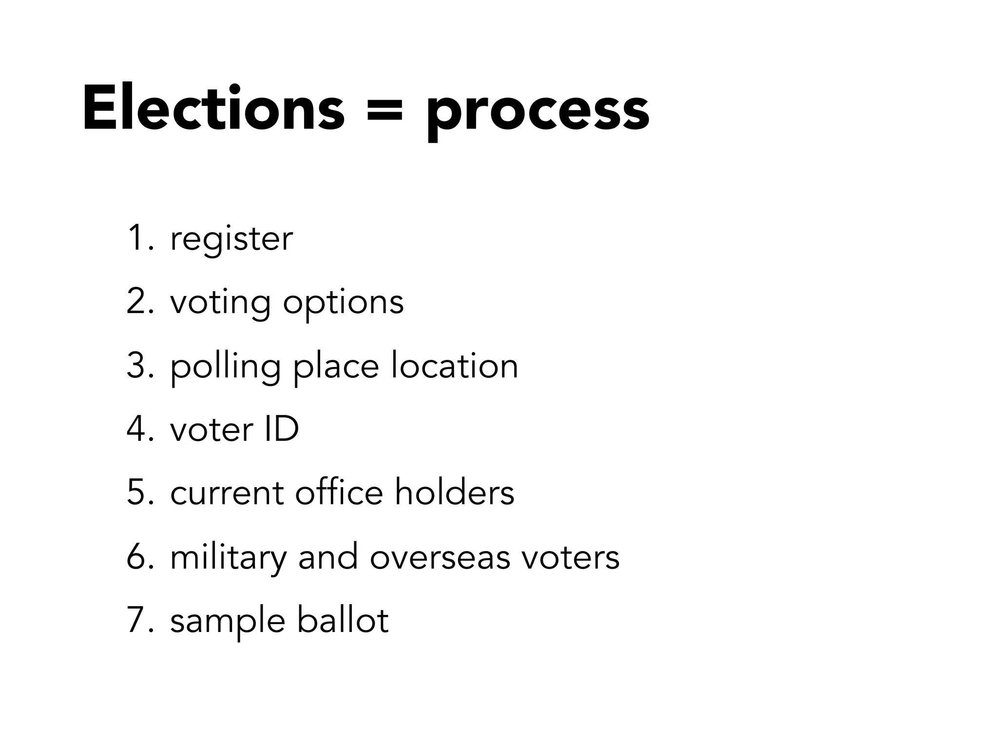 Elections = process
1. register
2. voting options
3. polling place location
4. voter ID
5. current ofﬁce holders
6. military and overseas voters
7. sample ballot

 