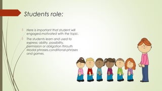 Students role:
 Here is important that student will
engaged,motivated with the topic.
 The students learn and used to
express: ability, possibility,
permission or obligation throuth
Modal phrases,conditional phrases
and games.
 