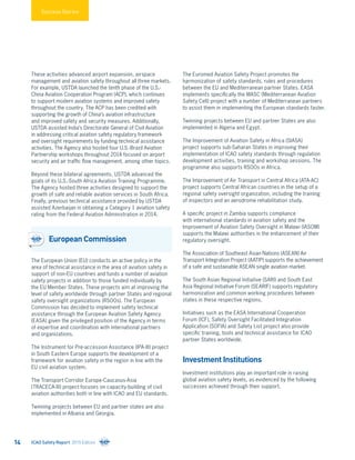 Success Stories
These activities advanced airport expansion, airspace
management and aviation safety throughout all three markets.
For example, USTDA launched the tenth phase of the U.S.-
China Aviation Cooperation Program (ACP), which continues
to support modern aviation systems and improved safety
throughout the country. The ACP has been credited with
supporting the growth of China’s aviation infrastructure
and improved safety and security measures. Additionally,
USTDA assisted India’s Directorate General of Civil Aviation
in addressing critical aviation safety regulatory framework
and oversight requirements by funding technical assistance
activities. The Agency also hosted four U.S.-Brazil Aviation
Partnership workshops throughout 2014 focused on airport
security and air traffic flow management, among other topics.
Beyond these bilateral agreements, USTDA advanced the
goals of its U.S.-South Africa Aviation Training Programme.
The Agency hosted three activities designed to support the
growth of safe and reliable aviation services in South Africa.
Finally, previous technical assistance provided by USTDA
assisted Azerbaijan in obtaining a Category 1 aviation safety
rating from the Federal Aviation Administration in 2014.
European Commission
The European Union (EU) conducts an active policy in the
area of technical assistance in the area of aviation safety in
support of non-EU countries and funds a number of aviation
safety projects in addition to those funded individually by
the EU Member States. These projects aim at improving the
level of safety worldwide through partner States and regional
safety oversight organizations (RSOOs). The European
Commission has decided to implement safety technical
assistance through the European Aviation Safety Agency
(EASA) given the privileged position of the Agency in terms
of expertise and coordination with international partners
and organizations.
The Instrument for Pre-accession Assistance (IPA-III) project
in South Eastern Europe supports the development of a
framework for aviation safety in the region in line with the
EU civil aviation system.
The Transport Corridor Europe-Caucasus-Asia
(TRACECA-III) project focuses on capacity-building of civil
aviation authorities both in line with ICAO and EU standards.
Twinning projects between EU and partner states are also
implemented in Albania and Georgia.
The Euromed Aviation Safety Project promotes the
harmonization of safety standards, rules and procedures
between the EU and Mediterranean partner States. EASA
implements specifically the MASC (Mediterranean Aviation
Safety Cell) project with a number of Mediterranean partners
to assist them in implementing the European standards faster.
Twinning projects between EU and partner States are also
implemented in Algeria and Egypt.
The Improvement of Aviation Safety in Africa (SIASA)
project supports sub-Saharan States in improving their
implementation of ICAO safety standards through regulation
development activities, training and workshop sessions. The
programme also supports RSOOs in Africa.
The Improvement of Air Transport in Central Africa (ATA-AC)
project supports Central African countries in the setup of a
regional safety oversight organization, including the training
of inspectors and an aerodrome rehabilitation study.
A specific project in Zambia supports compliance
with international standards in aviation safety and the
Improvement of Aviation Safety Oversight in Malawi (IASOM)
supports the Malawi authorities in the enhancement of their
regulatory oversight.
The Association of Southeast Asian Nations (ASEAN) Air
Transport Integration Project (AATIP) supports the achievement
of a safe and sustainable ASEAN single aviation market.
The South Asian Regional Initiative (SARI) and South East
Asia Regional Initiative Forum (SEARIF) supports regulatory
harmonization and common working procedures between
states in these respective regions.
Initiatives such as the EASA International Cooperation
Forum (ICF), Safety Oversight Facilitated Integration
Application (SOFIA) and Safety List project also provide
specific training, tools and technical assistance for ICAO
partner States worldwide.
Investment Institutions
Investment institutions play an important role in raising
global aviation safety levels, as evidenced by the following
successes achieved through their support.
ICAO Safety Report 2015 Edition14
 