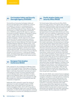 Pacific Aviation Safety and
Security Office (PASO)
The Pacific Aviation Safety and Security Office (PASO),
based in Port Vila, Vanuatu is the regional safety oversight
organization (RSOO) providing a safety and security oversight
forum and cooperative training center for thirteen (13) island
nations in the South Pacific. These thirteen countries are
banded together under a cooperative agreement called
the Pacific Islands Civil Aviation Safety and Security Treaty
(PICASST) which also establishes its governing Council and
PASO’s rules and procedures. The PASO Council is made
up of representatives of all thirteen countries including
the Cook Islands, Fiji, Kiribati, Niue, Papua New Guinea,
Samoa, Solomon Islands, Tonga, Tuvalu and Vanuatu. New
Zealand and Australia are observer States on the Council.
Also invited to participate in the biannual Council meetings
are the Federal Aviation Administration (FAA), Association
of South Pacific Airlines (ASPA), International Air Transport
Association (IATA) and many other organizations. PASO has
effectively steered the harmonization of all PASO member
countries using the New Zealand Civil Aviation Regulations
(NZ-CARs). It provides technical guidance on flight safety,
airworthiness, aviation security, aerodromes and limited
aircraft accident investigation services along with assistance
on safety management systems. PASO’s objective is to
enhance aviation safety and security of regional air transport
and aerodromes by establishing a regional core of highly
motivated and qualified inspectors to be utilized by all
PASO members. PASO seeks cost effective ways to meet
international safety oversight obligations, providing on-site
training of national inspectors, promoting harmonization
of regulations and procedures, and coordinating technical
assistance programmes among States. PASO, through
its sharing of expertise among Pacific Island States, has
improved economies of scale and has enabled aviation to
thrive among Pacific Island States.
PASO, like other RSOOs, faces extreme financial challenges
to sustain its operations. Despite this constraint, PASO has
managed to strengthen its oversight ability by establishing
agreements with several aviation safety partners such
as the Memorandum of Cooperation between ICAO and
PASO signed at the recent Asia-Pacific Director General’s
Conference in Hong Kong in November 2014. PASO
also has signed several other agreements with the New
Zealand Civil Aviation Authority (CAA), Civil Aviation Safety
Authority (CASA) in Australia and it continues to pursue
partnerships and synergies with many other organizations
around the globe. With the collaboration of ICAO, IATA
Success Stories
Civil Aviation Safety and Security
Oversight Agency (CASSOA)
The East African Community-Civil Aviation Safety and
Security Oversight Agency (EAC CASSOA) has continued
to strengthen its functions in coordinating technical
issues, including assistance, support and guidance to
the East African States (Burundi, Kenya, Rwanda, Uganda
and Tanzania) as an RSOO. Among other achievements
so far, CASSOA has guided the EAC region to a regime of
harmonized civil aviation regulations and guidance material
in aspects of flight safety, aerodromes, air navigation
services, aviation security and aircraft incident and
accident investigation. The EAC region has also realized
the roll-out of the EAC aviation examination system to
which is anchored a common licensing system and the
Regional Centre for Aviation Medicine. The Safety Oversight
Facilitated Integration Application (SOFIA) system, a tool
for data management, planning, monitoring and reporting
for personal licensing, inspections and aircraft inspection,
has been installed and updated in all EAC partner States
in partnership with EASA. The technical personnel sharing
scheme, whose purpose is the increase of the cost effective
utilization of scarce resources, is maturing with tangible
results. Increased training support of inspectors has been
obtained from EASA, ICAO, FAA and other aviation partners
such as AviAssist.
European Civil Aviation
Conference (ECAC)
ECAC continued its role in bridging the 28 Member States
for which the European Aviation Safety Agency (EASA) has
primary responsibility on safety, with the 16 non-EU Member
States. In particular, three projects have been put in place:
a) the extension of the UE occurrence reporting system
to non-EU Member States; b) the identification of safety
needs of non-EU Member States; and c) the promotion of
SAR cross-border cooperation via the preparation of a SAR
MoU template and a data base of existing ECAC-wide SAR
cooperation arrangements.
Additionally, ECAC continued to support the sharing of
experience of accident investigation experts of ECAC
Member States via the Expert Group on Accident and
Incident Investigations (ACC), which is ACC Group open to
many other ICAO Member States and to many international
organizations. In 2014, the ACC group organized a workshop
on “Investigations in extreme and challenging environments”.
ICAO Safety Report 2015 Edition16
 
